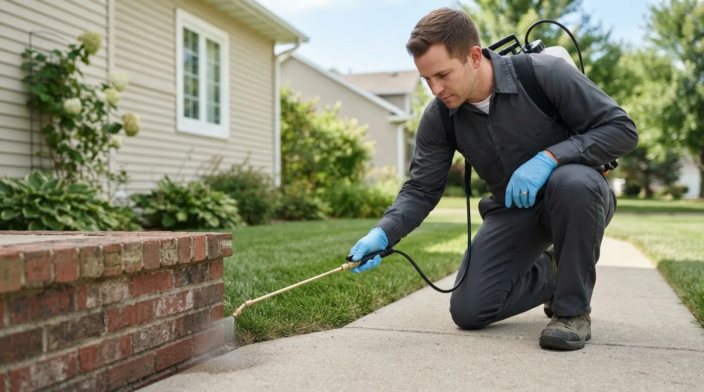 Pest control technician treating a home near Smithfield, ME